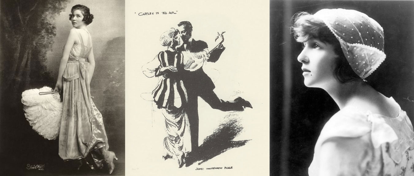 Irene Castle and an illustration of Vernon and Irene Castle dancing together