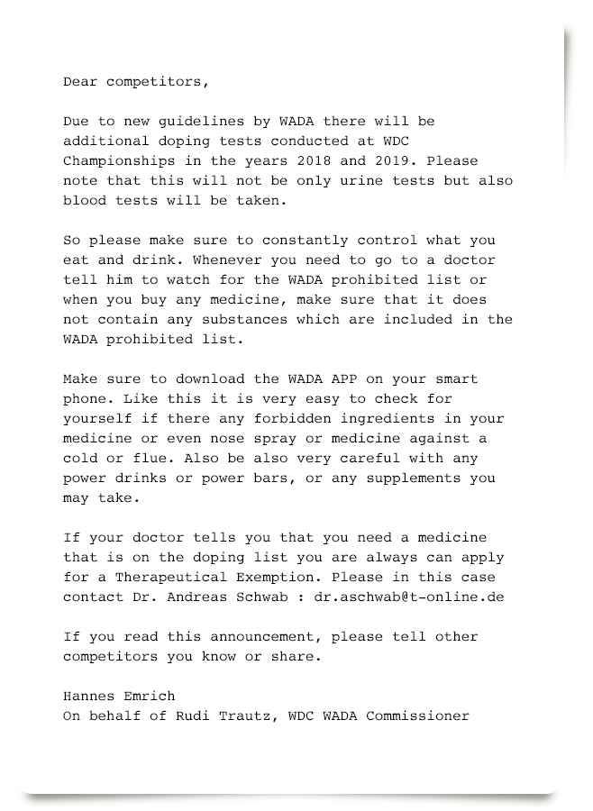 Letter from Hans Emerich regarding WADA